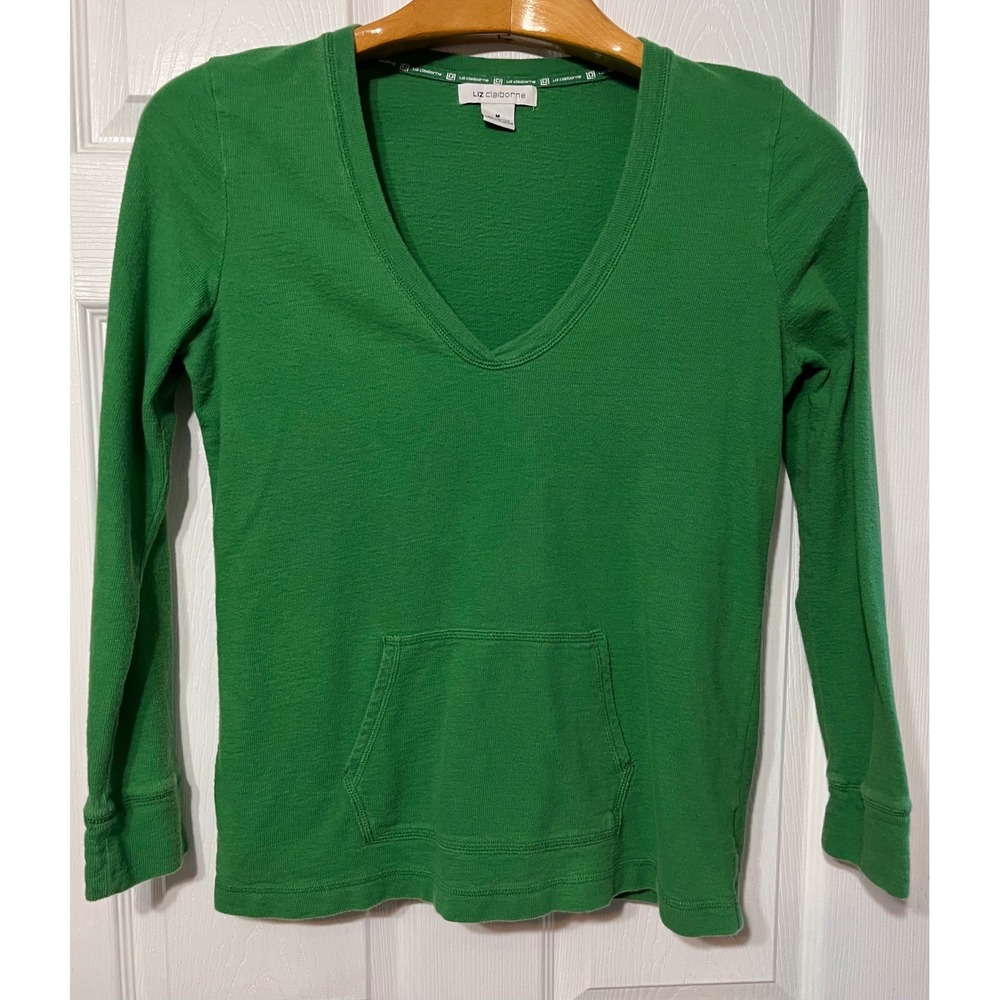 Liz Claiborne Womens Green V-Neck Long Sleeve Slub Cotton Top Kangaroo Pocket M